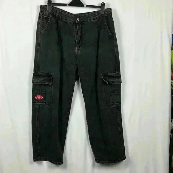 Wake Women’s Black Baggy Y2K Button Fly Carpenter/Cargo Style Wake Patches 2XL - Picture 1 of 12